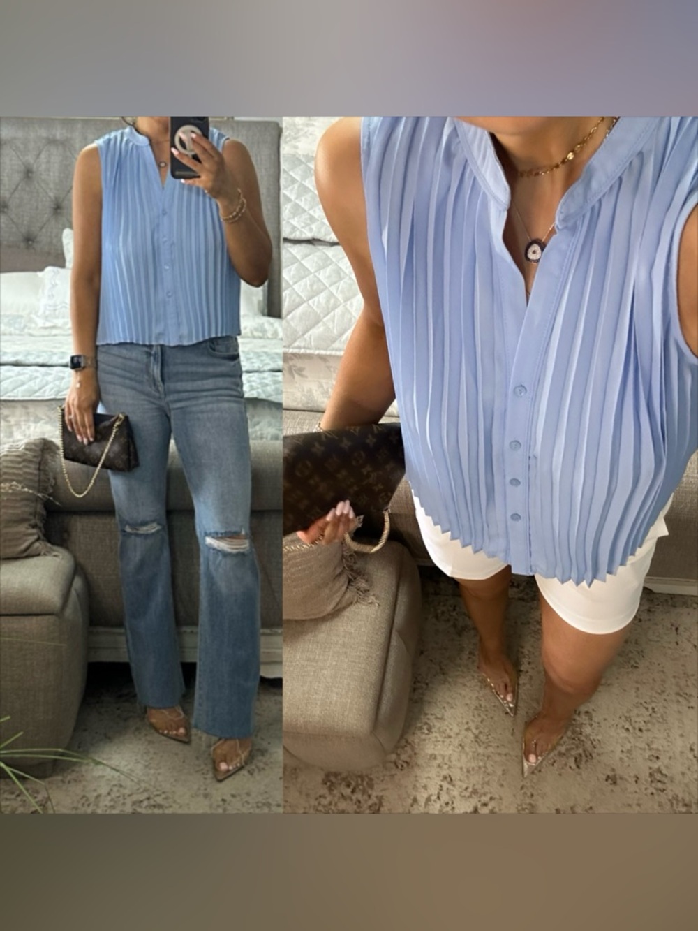 New✨ Soft Sky Pleated Sleeveless Blouse